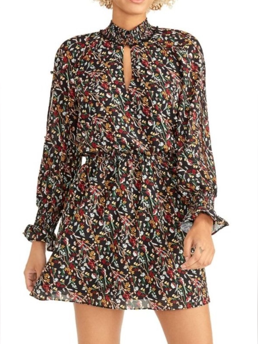 EUC Rachel Roy black combo floral print smocked floral print high neck dress M